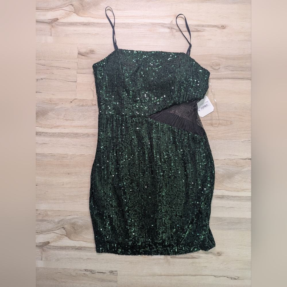 Dark Green Sequin Mini Dress Mesh Cutout Altar'd State Large Nwt